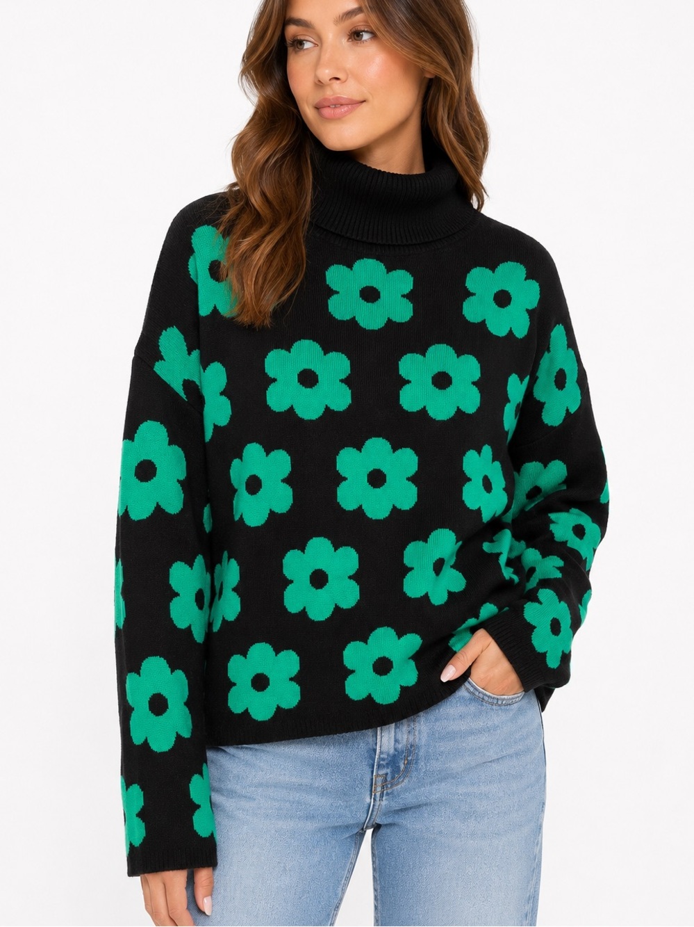 Cynthia Rowley Black And Green Floral Flower Turtleneck Sweater